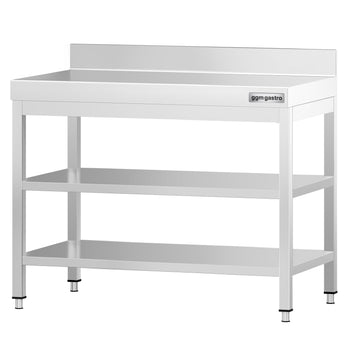 Stół roboczy ze stali nierdzewnej PREMIUM - 800x600 mm - z półką dolną, panelem tylnym i półką pośrednią - Prime Gastro