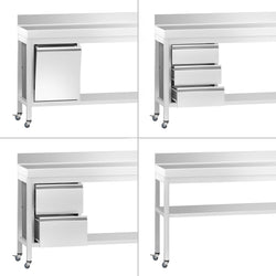 Edelstahl Arbeitstisch PREMIUM - 2000x800mm - mit Grundboden, Aufkantung & Rollen