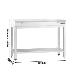Stół roboczy ze stali nierdzewnej PREMIUM – 1000 x 700 mm – z podstawą – w zestawie z białą deską do krojenia