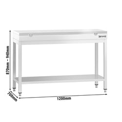 Stół roboczy ze stali nierdzewnej PREMIUM – 1200 x 700 mm – z dolną półką – w zestawie z deską do krojenia w kolorze białym