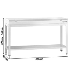 Stół roboczy ze stali nierdzewnej PREMIUM – 1500 x 700 mm – z podstawą – w zestawie z deską do krojenia w kolorze białym