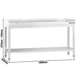 Stół roboczy ze stali nierdzewnej PREMIUM – 1800 x 600 mm – z podstawą – w zestawie z deską do krojenia w kolorze białym