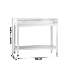 Stół roboczy ze stali nierdzewnej PREMIUM – 800 x 600 mm – z podstawą – w zestawie z białą deską do krojenia