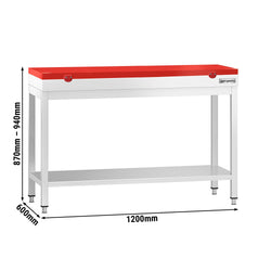 Stół roboczy ze stali nierdzewnej PREMIUM – 1200 x 600 mm – z podstawą – wraz z blatem do krojenia w kolorze czerwonym