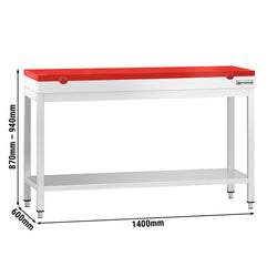 Stół roboczy ze stali nierdzewnej PREMIUM – 1400 x 600 mm – z podstawą – w zestawie z deską do krojenia w kolorze czerwonym