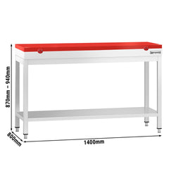 Stół roboczy ze stali nierdzewnej PREMIUM – 1400 x 800 mm – z podstawą – w zestawie deska do krojenia w kolorze czerwonym