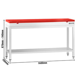 Stół roboczy ze stali nierdzewnej PREMIUM - 1600x700 mm - z podstawą - w tym deska do krojenia czerwona