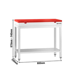 Stół roboczy ze stali nierdzewnej PREMIUM – 800 x 700 mm – z dolną półką – w zestawie z deską do krojenia w kolorze czerwonym