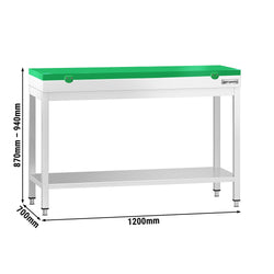Stół roboczy ze stali nierdzewnej PREMIUM – 1200 x 700 mm – z podstawą – wraz z deską do krojenia w kolorze zielonym