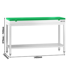 Stół roboczy ze stali nierdzewnej PREMIUM – 1400 x 700 mm – z podstawą – w zestawie z zieloną deską do krojenia