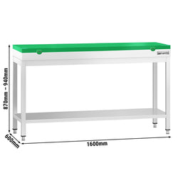 Stół roboczy ze stali nierdzewnej PREMIUM – 1600 x 600 mm – z podstawą – wraz z blatem do krojenia w kolorze zielonym