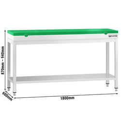 Stół roboczy ze stali nierdzewnej PREMIUM – 1800 x 600 mm – z podstawą – w zestawie z zieloną deską do krojenia