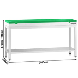 Stół roboczy ze stali nierdzewnej PREMIUM – 2000 x 600 mm – z podstawą – wraz z deską do krojenia w kolorze zielonym