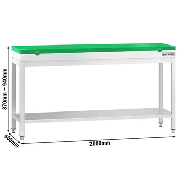 Stół roboczy ze stali nierdzewnej PREMIUM – 2000 x 600 mm – z podstawą – wraz z deską do krojenia w kolorze zielonym