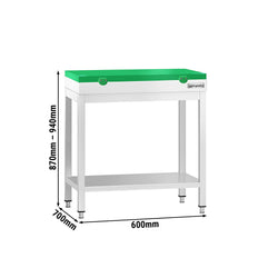 Stół roboczy ze stali nierdzewnej PREMIUM – 600 x 700 mm – z podstawą – w zestawie z zieloną deską do krojenia