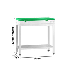 Stół roboczy ze stali nierdzewnej PREMIUM – 700 x 700 mm – z podstawą – w zestawie z deską do krojenia w kolorze zielonym