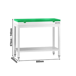 Stół roboczy ze stali nierdzewnej PREMIUM – 800 x 600 mm – z podstawą – wraz z deską do krojenia w kolorze zielonym