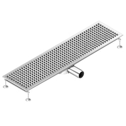 Kanał podłogowy ze stali nierdzewnej – 1200 x 300 mm – płaska konstrukcja i odpływ boczny – Ø 70 mm