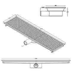 Kanał podłogowy ze stali nierdzewnej – 1200 x 300 mm – płaska konstrukcja i odpływ boczny – Ø 70 mm