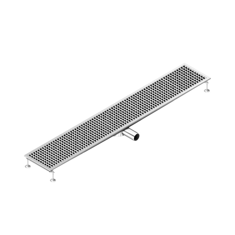Kanał podłogowy ze stali nierdzewnej – 1850 x 300 mm – płaska konstrukcja i odpływ boczny – Ø 70 mm