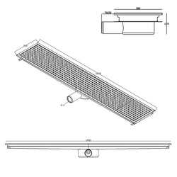 Kanał podłogowy ze stali nierdzewnej – 1850 x 300 mm – płaska konstrukcja i odpływ boczny – Ø 70 mm