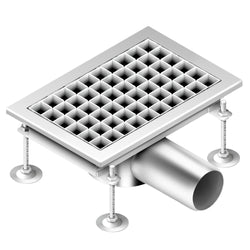 Kanał podłogowy ze stali nierdzewnej - 300 x 200 mm - płaska konstrukcja i odpływ boczny - Ø 70 mm