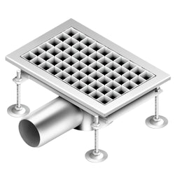 Kanał podłogowy ze stali nierdzewnej - 300 x 200 mm - płaska konstrukcja i odpływ boczny - Ø 70 mm