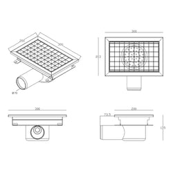 Kanał podłogowy ze stali nierdzewnej - 300 x 200 mm - płaska konstrukcja i odpływ boczny - Ø 70 mm