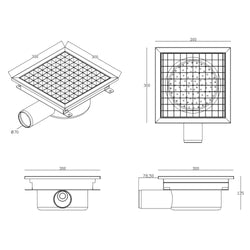Kanał podłogowy ze stali nierdzewnej - 300 x 300 mm - płaska konstrukcja i boczny odpływ - Ø 70 mm