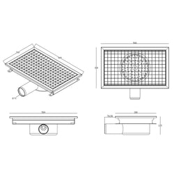 Kanał odpływowy ze stali nierdzewnej - 500 x 300 mm - płaska konstrukcja i boczny odpływ - Ø 70 mm