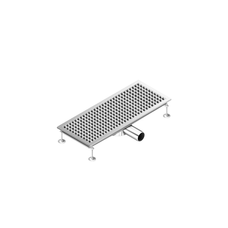 Kanał odpływowy ze stali nierdzewnej - 750 x 300 mm - płaska konstrukcja i odpływ boczny - Ø 70 mm