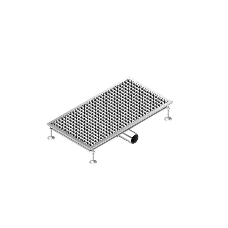 Kanał podłogowy ze stali nierdzewnej – 750 x 400 mm – płaska konstrukcja i odpływ boczny – Ø 70 mm
