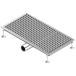 Kanał podłogowy ze stali nierdzewnej – 750 x 400 mm – płaska konstrukcja i odpływ boczny – Ø 70 mm