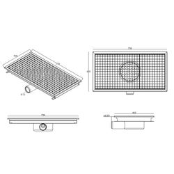 Kanał podłogowy ze stali nierdzewnej – 750 x 400 mm – płaska konstrukcja i odpływ boczny – Ø 70 mm