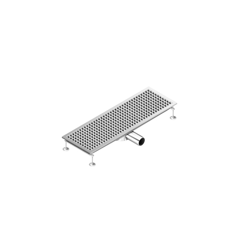 Kanał podłogowy ze stali nierdzewnej – 900 x 300 mm – płaska konstrukcja i odpływ boczny – Ø 70 mm