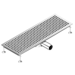 Kanał podłogowy ze stali nierdzewnej – 900 x 300 mm – płaska konstrukcja i odpływ boczny – Ø 70 mm