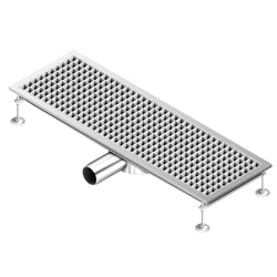 Kanał podłogowy ze stali nierdzewnej – 900 x 300 mm – płaska konstrukcja i odpływ boczny – Ø 70 mm