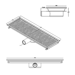 Kanał podłogowy ze stali nierdzewnej – 900 x 300 mm – płaska konstrukcja i odpływ boczny – Ø 70 mm