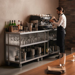 Barowy stół roboczy – stal nierdzewna – 1600 x 600 mm – z 4 półkami
