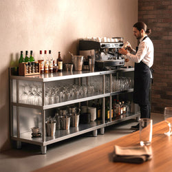 Barowy stół roboczy – stal nierdzewna – 1800 x 600 mm – z 4 półkami