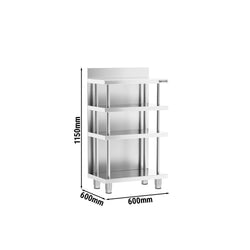 Barowy stół roboczy – stal nierdzewna – 600 x 600 mm – z 4 półkami