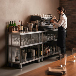 Barowy stół roboczy – stal nierdzewna – 1400 x 400 mm – z 4 półkami