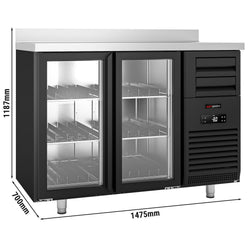Barowy stół chłodniczy Premium PLUS – 1475 x 700 mm – 440 litrów – z 2 szklanymi drzwiami i podwyższeniem – czarna
