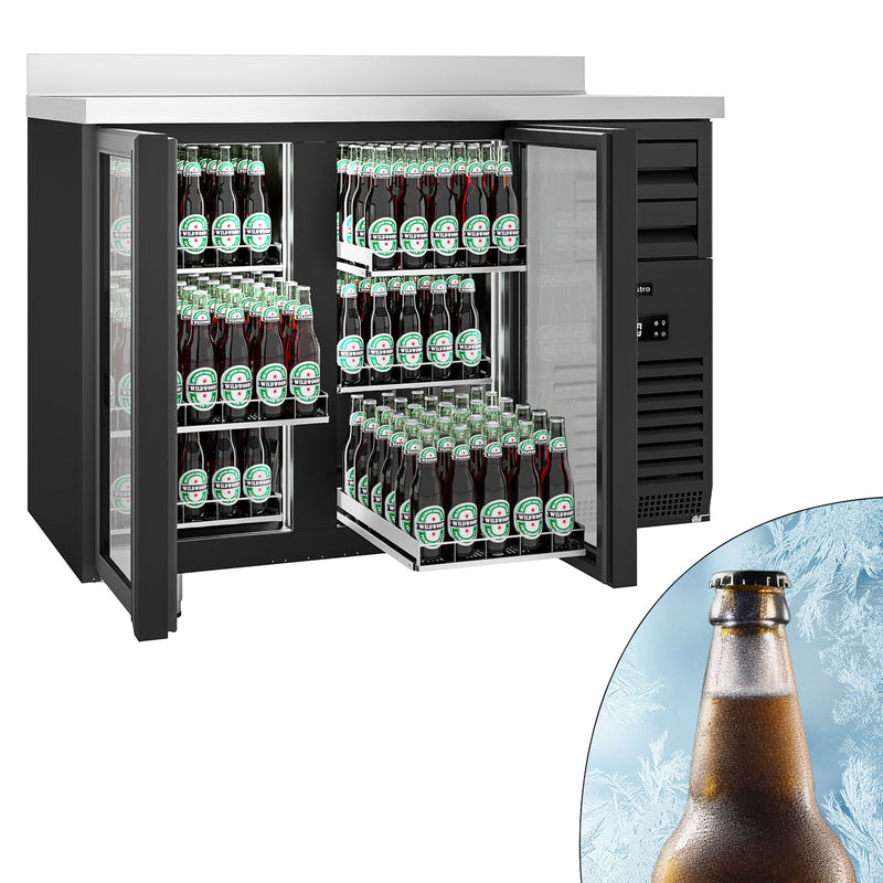 Barowy stół chłodniczy Premium PLUS – 1475 x 700 mm – 440 litrów – z 2 szklanymi drzwiami i podwyższeniem – czarna