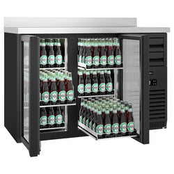 Barowy stół chłodniczy Premium PLUS – 1475 x 700 mm – 440 litrów – z 2 szklanymi drzwiami i podwyższeniem – czarna