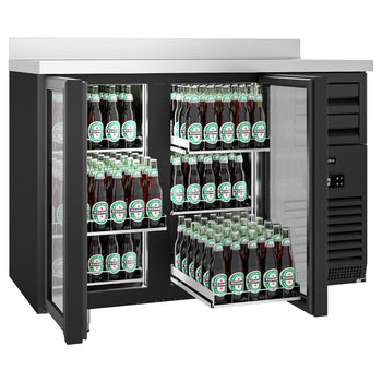 Barowy stół chłodniczy Premium PLUS – 1475 x 700 mm – 440 litrów – z 2 szklanymi drzwiami i podwyższeniem – czarna - Prime Gastro