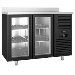 Barowy stół chłodniczy Premium PLUS – 1475 x 700 mm – 440 litrów – z 2 szklanymi drzwiami i podwyższeniem – czarna