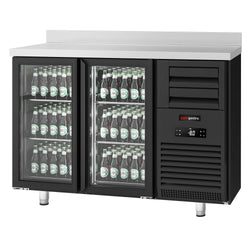 Barowy stół chłodniczy Premium PLUS – 1475 x 700 mm – 440 litrów – z 2 szklanymi drzwiami i podwyższeniem – czarna