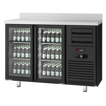 Barowy stół chłodniczy Premium PLUS – 1475 x 700 mm – 440 litrów – z 2 szklanymi drzwiami i podwyższeniem – czarna - Prime Gastro