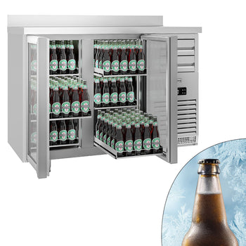 Barowy stół chłodniczy Premium PLUS - SUPERCOOLER - 1475 x 700 mm - z 2 szklanymi drzwiami i podwyższeniem - stal nierdzewna - Prime Gastro